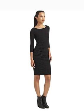James Perse Women's Knit‎ Boatneck Dress Black Ruched Midi Made in USA